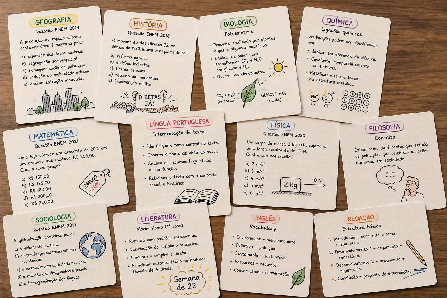 Flashcards e tablet para revisão do Enem sobre uma mesa de estudos